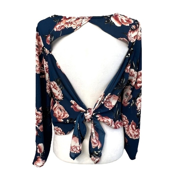 Charlotte Russe Floral Blue Sheer Long Sleeve Tie Back Top - Size Large - Picture 2 of 11